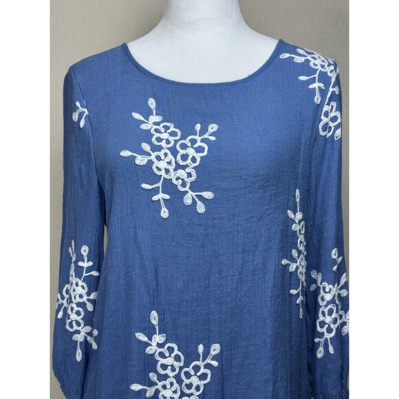 ANNELIEGE Gauze Top L (fits as M) Scoop Neck 3/4 Slvs. Embroidery Boho - Picture 2 of 11